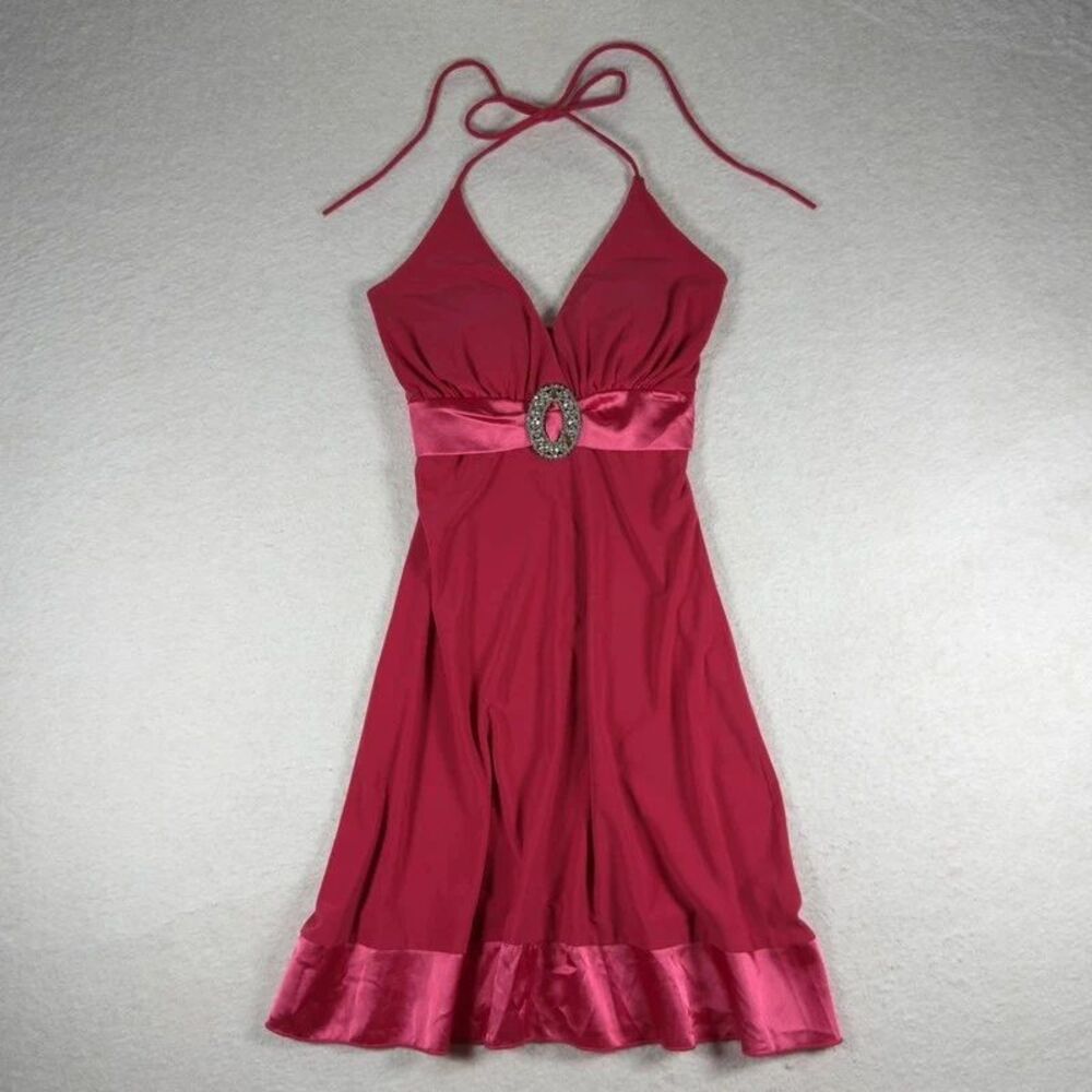Taboo Y2K Hot Pink Halter Dress Rhinestone Buckle Satin Trim